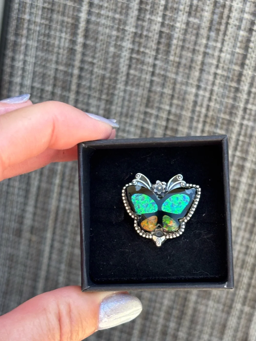 Sterling Silver Butterfly Opal Inlay Ring - Size 6.5-6.75
